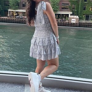 Smocked floral tiered ruffle mini dress with shoulder ties